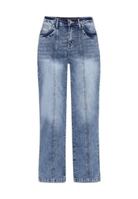 Jeans de mezclilla azul claro con cintura alta, piernas anchas y costuras verticales. Cuenta con cinco bolsillos y un cierre clásico de botón y cremallera.