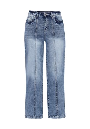 Jeans din denim de culoare albastru deschis, cu talie înaltă, picioare largi și cusături verticale. Au cinci buzunare și o închidere clasică cu nasture și fermoar.