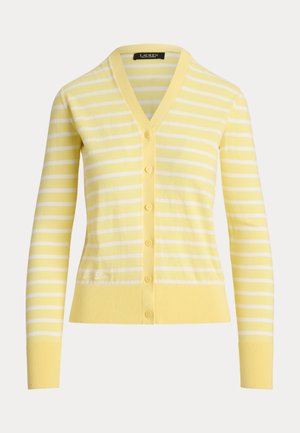Żółto-biały, poziomo paskowany, długi kardigan z długim rękawem, dekoltem w serek i guzikami z przodu, z prążkowanymi mankietami i obrzeżem.