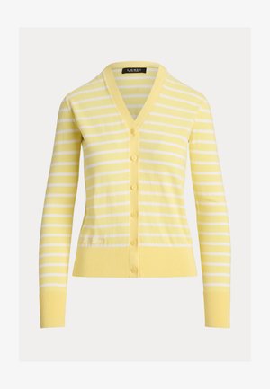Gul og hvit langermet cardigan med horisontale striper, V-hals og knapper foran, ribbestrikkede mansjetter og kant.