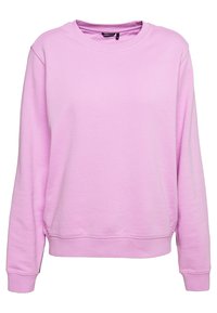 Sudadera rosa con cuello redondo, mangas largas y puños de canalé. Tejido suave con una textura lisa, sin patrones o acentos visibles.