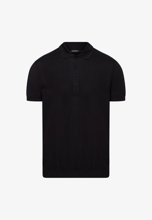 Zwart korte mouwen gebreide poloshirt met kraag en vierknopenlijst, gepresenteerd tegen een witte achtergrond.