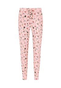 Pantalones pijama rosas con un patrón repetido de cócteles y pingüinos; cuentan con una cinturilla elástica y un cierre con cordón.
