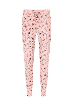 Roze pyjamabroek met een herhaald patroon van cocktails en pinguïns; heeft een elastische tailleband en een trekkoordsluiting.