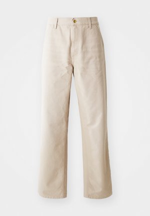 Bežid puuvillased laiad püksid, millel on sile tekstuur, esine nup closure, vööde loops ja kaks küljetaskut.