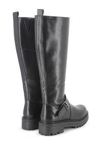 Botas negras de cuero hasta la rodilla con acabado liso, puntera redondeada, detalle de hebilla lateral y suela de goma texturizada para mayor agarre.