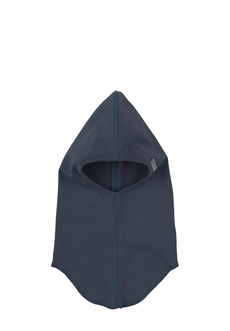 Neulottu balaklava tummanharmaana. Ominaisuudet: pyöreä huppu, sileä pinta ja tasosaumat. Avoin kasvojen muotoilu näkyvyyden takaamiseksi.