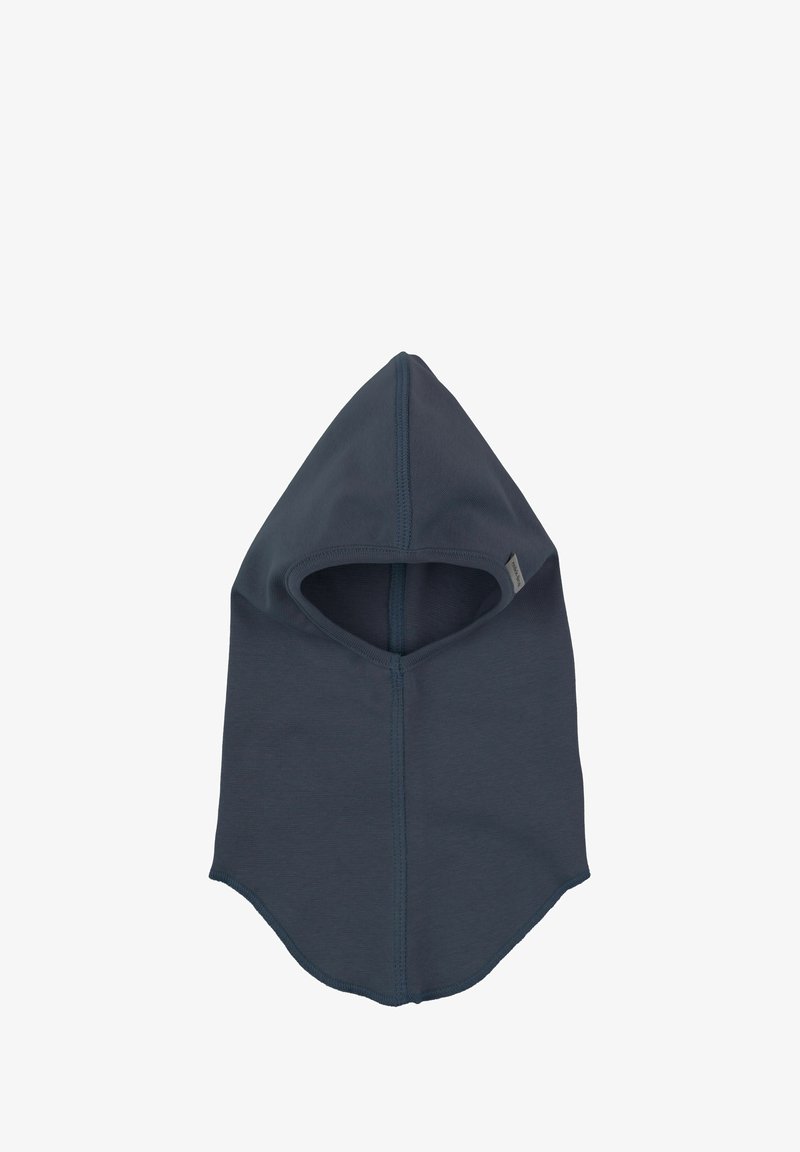 Neulottu balaklava tummanharmaana. Ominaisuudet: pyöreä huppu, sileä pinta ja tasosaumat. Avoin kasvojen muotoilu näkyvyyden takaamiseksi.