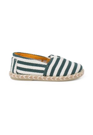 Gestreifte Espadrille aus grüner und weißer Baumwolle, geflochtener Jutesohle und orangefarbenem Innenfutter. Slip-On-Stil mit abgerundetem Zehendesign.
