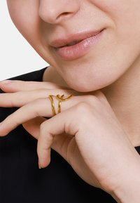 Goldenes Doppelring mit einem eleganten, ineinander verschlungenen Design. Glatte Metalloberfläche mit glänzendem Finish, getragen am Zeigefinger und Mittelfinger.