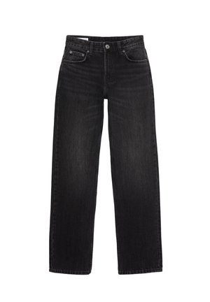 Jeans in denim nero con un design a gamba dritta, che presentano uno stile classico a cinque tasche e una chiusura con bottone. Tessuto liscio, minima scoloritura.