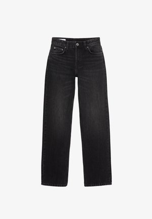 Schwarze Jeans aus Denim mit einem geraden Schnitt, ausgestattet mit einem klassischen Fünf-Taschen-Design und einem Knopfverschluss. Glatte Textur, minimale Verfärbung.