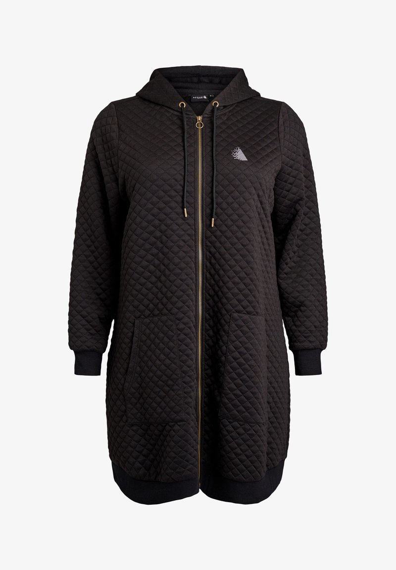 Čierna prešívaná dlhá mikina na zips s prednými vreckami, kapucňou so sťahovacou šnúrkou, rebrovanými manžetami a malým geometrickým logom na hrudi.