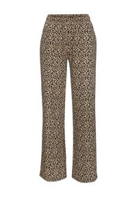 Leopardenmuster-Hose im weit geschnittenen Stil in Beige und Schwarz, mit elastischem Bund und weichem Stoff, der eine glatte Textur aufweist.