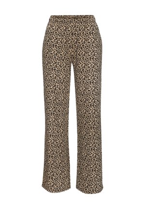 Leopardi-kuosiset leveälahkeiset housut beigen ja mustan sävyissä, joissa on joustava vyötärö ja pehmeä kangas, joka on koko matkalta sileä.