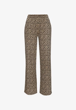 Leopardi-kuosiset leveälahkeiset housut beigen ja mustan sävyissä, joissa on joustava vyötärö ja pehmeä kangas, joka on koko matkalta sileä.