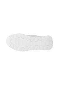 Witte sportieve schoenzool met een gestructureerd, gegroefd patroon voor grip. Gemaakt van rubber, met een gebogen vorm en een robuust profiel.