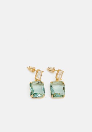 Gold-tone earrings featuring a rectangular aqua-green stone and a smaller clear stone above, set in a pronged design.