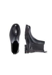 Stivaletti neri alla caviglia in pelle liscia, con pannelli elastici ai lati, suole di gomma spesse e linguette per facilitare l'inserimento.
