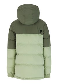 Giacca imbottita in tonalità di verde oliva e verde chiaro, con cappuccio e polsini elasticizzati, dotata di un logo sulla parte superiore della schiena.
