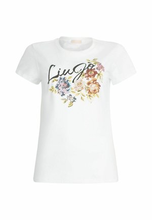 Camiseta blanca de manga corta con estampados florales en tonos rosa, azul y amarillo, con el texto "Liu Jo" en una elegante tipografía negra.