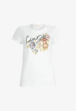 Hvid T-shirt med korte ærmer prydet med blomsterprint i pink, blå og gule nuancer samt teksten "Liu Jo" i en stilfuld sort skrift.