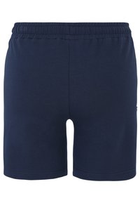Mörkblå bomullsshorts med elastisk midja, med en slät yta och sydda kanter, lämpliga för avslappnad användning.