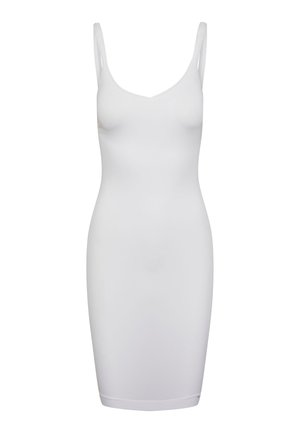 White form-fitting sleeveless dress with thin straps and a V-neckline, knee-length, smooth fabric.