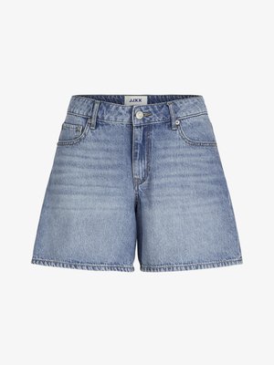 Denim shorts in light blue, featuring a high waist, five-pocket design, and a straight cut with frayed hem. Branded waistband label visible.