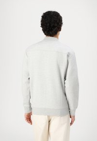 Light grey sweatshirt with a smooth texture, crew neck, and ribbed cuffs. Features a simple design and a straight hem.