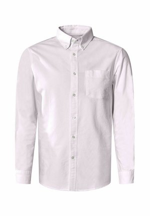 Weißes Longsleeve-Hemd aus Baumwolle, mit Hemdkragen, einer Brusttasche und Knöpfen an der Vorderseite. Glatte Textur.