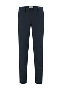 Navyblauwe broek met een rechte pasvorm, gemaakt van een soepele stof, met een knoopsluiting en twee voorzakken. Schone, minimalistische stijl.