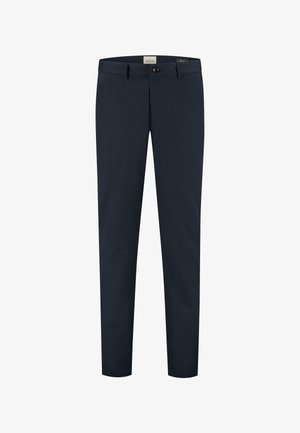 Jūras zila bikses ar taisnu piegriezumu, izgatavotas no gludas auduma, ar pogu aizdari un divām priekšējām kabatām. Tīrs, minimālists dizains.