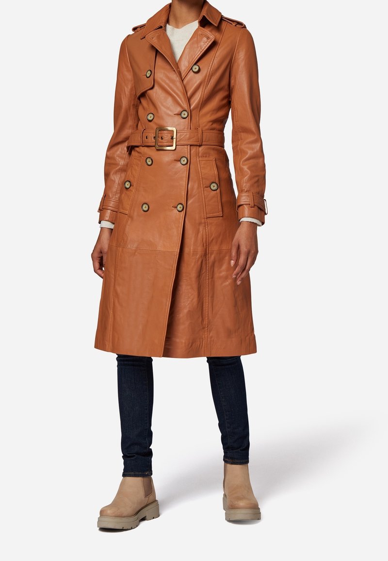 Femme portant un trench-coat en cuir marron clair mi-long avec ceinture, un jean foncé, des bottines beiges et un pull blanc en-dessous.