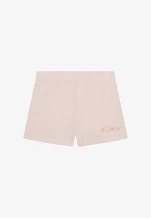 Lichtroze shorts met een gladde textuur, voorzien van een brede tailleband en een klein geborduurd "Guess" logo in roze en goud op de onderkant rechts.