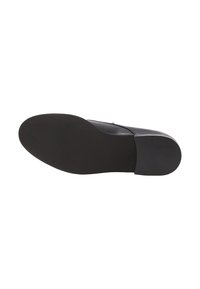 Zwarte leren schoen met een gladde afwerking, ronde neus en een rubberen zool. De hak is iets verhoogd en heeft een subtiele glans.