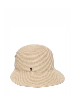 Beige woven bucket hat with a small round metallic emblem on the front, featuring horizontal textured lines.
