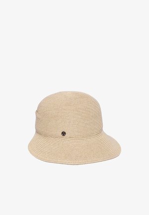 Beige woven bucket hat with a small round metallic emblem on the front, featuring horizontal textured lines.