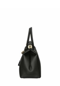 Bolso de mano de cuero negro con una forma estructurada, asas cortas y acentos de hardware dorado. Presenta una superficie texturada y un interior espacioso.