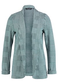 Grön- och vitrutigt kavaj med öppen fram, långa ärmar och en mjuk textur. Har en klassisk skräddarsydd design.