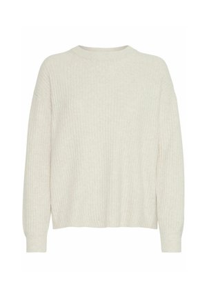 Svijetlosmeđi rebrasti pulover s okruglim izrezom i spuštenim ramenima. Ima dugačke rukave i opušteni kroj. Mekana tekstura.