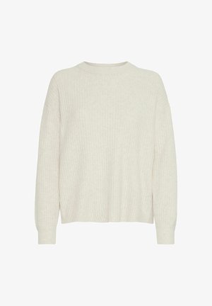 Svijetlosmeđi rebrasti pulover s okruglim izrezom i spuštenim ramenima. Ima dugačke rukave i opušteni kroj. Mekana tekstura.