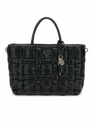 Zwarte, gewatteerde handtas van faux leer met twee handvatten, gouden hardwareaccenten en een afneembare sleutelhanger. Heeft een rechthoekige vorm.