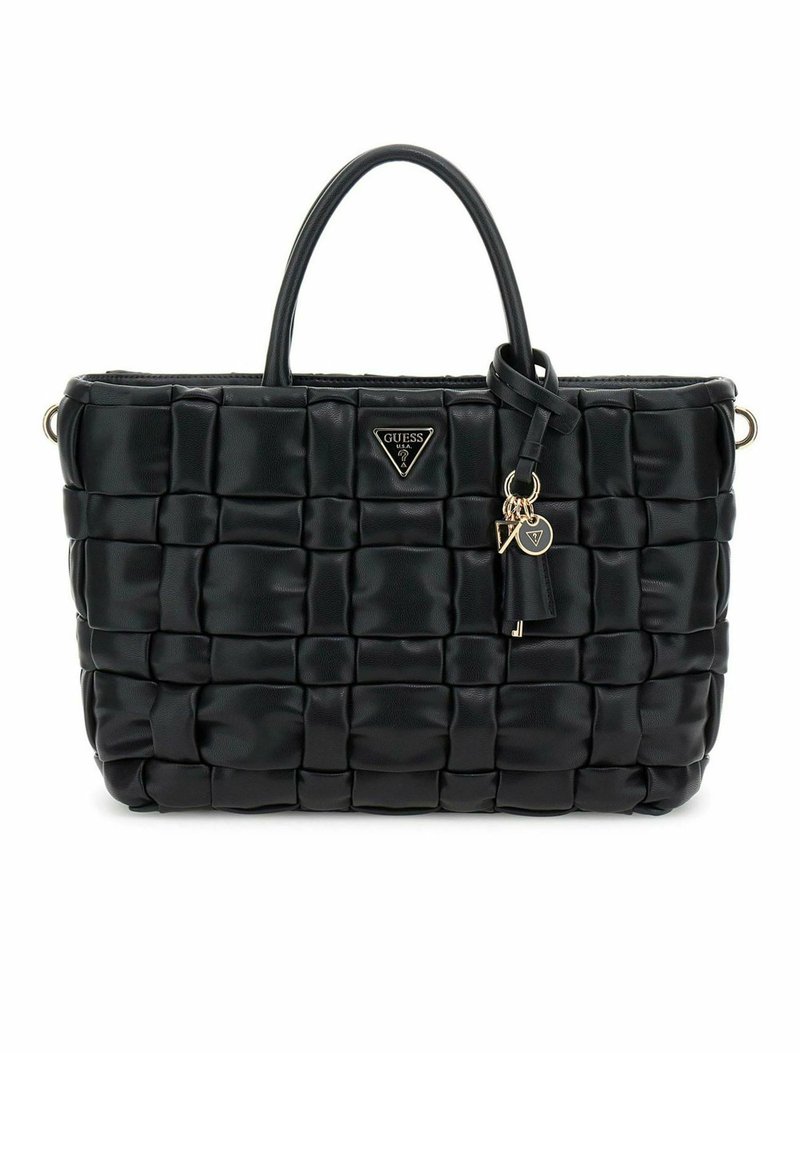 Sac à main noir matelassé en simili cuir avec deux poignées, garnitures en or et un porte-clés amovible. Présente une forme rectangulaire.