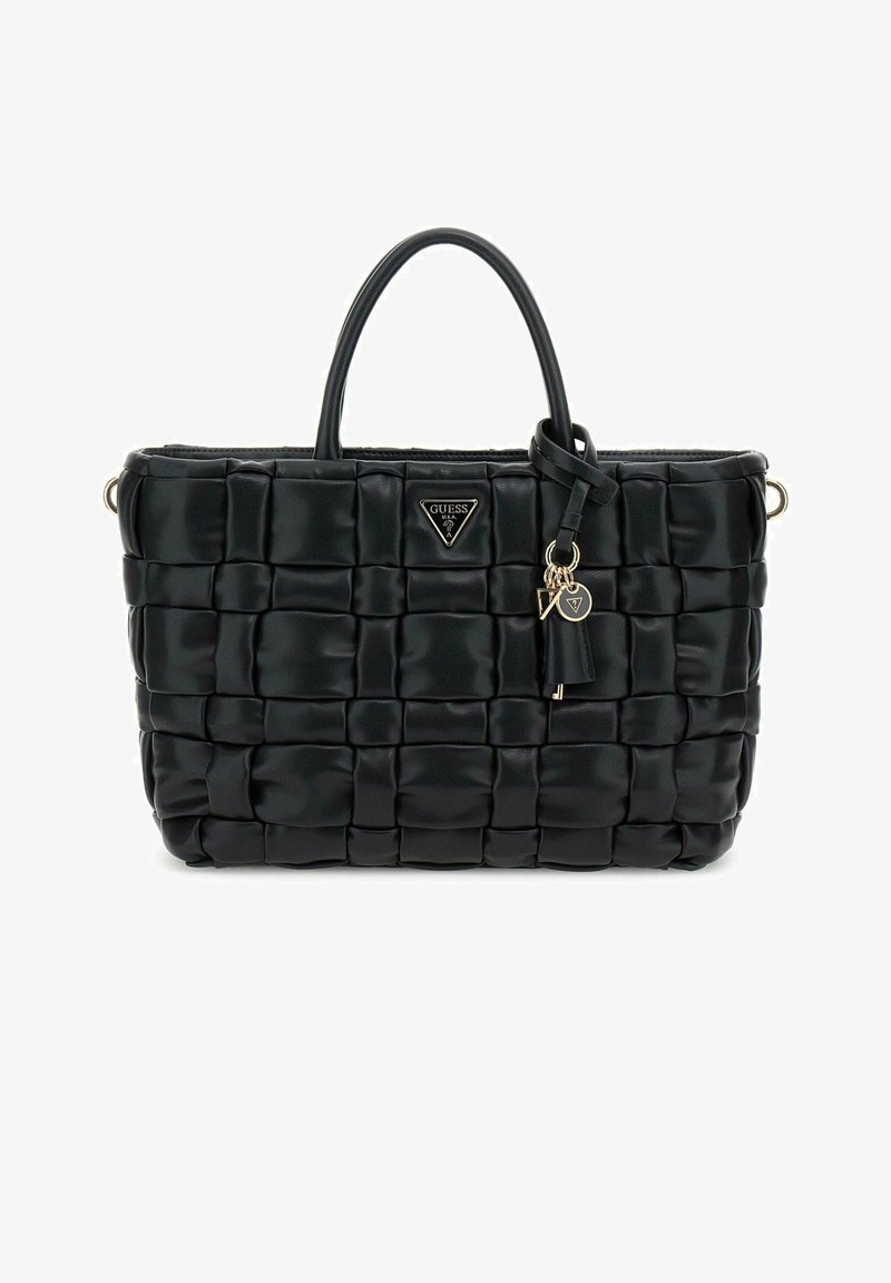 Sac à main noir matelassé en simili cuir avec deux poignées, garnitures en or et un porte-clés amovible. Présente une forme rectangulaire.