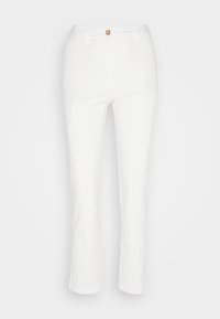 Bílé kalhoty rovného střihu vyrobené z bavlny, s jedním předním knoflíkem, pěti kapsami a řezanými lemy pro čistý a minimalistický vzhled.