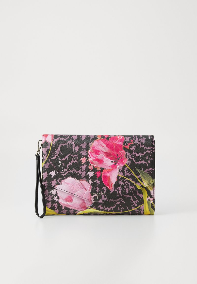 Kukkakuosisella clutch-laukulla, jossa on vaaleanpunaisia tulppaaneja mustalla kuviollisella taustalla. Tekonahkamateriaali, irrotettava hihna ja vetoketjukiinnitys.