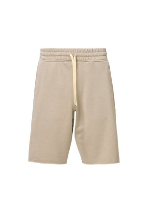Pantalones cortos de algodón beige con cintura elástica y cordón, que presentan una textura suave y un diseño de longitud hasta la rodilla con bolsillos laterales.
