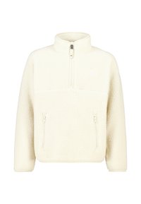 Pullover in pile color crema con colletto alto, chiusura con mezza zip, due tasche anteriori con zip e una superficie morbida e texture.