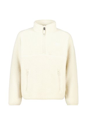 Fleece pullover in roomkleur met hoge kraag, halve rits, twee voorzakken met rits en een gestructureerd, zacht oppervlak.
